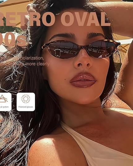 KUGUAOK Retro Oval Sunglasses for Women 90s Design Small Cat Eye Sun Glasses UV Protection Y2k Trendy Narrow Shades