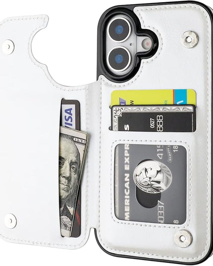 ONETOP Compatible with iPhone 17 Wallet Case with Card Holder, PU Leather Kickstand Card Slots Case, Double Magnetic Clasp and Durable Shockproof Cover 6.3 Inch (White)
