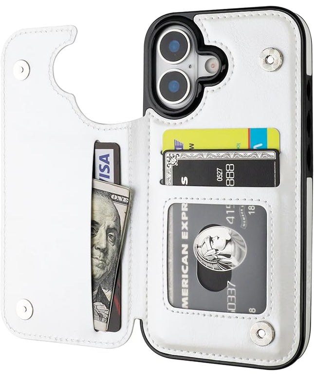 ONETOP Compatible with iPhone 17 Wallet Case with Card Holder, PU Leather Kickstand Card Slots Case, Double Magnetic Clasp and Durable Shockproof Cover 6.3 Inch (White)