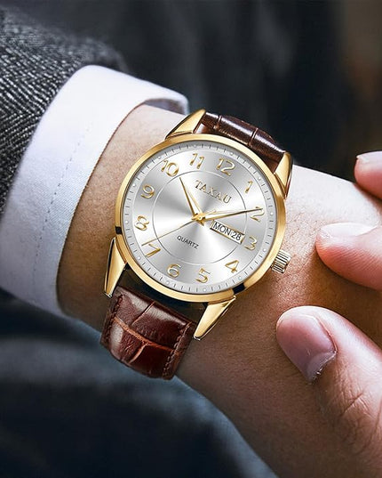 Men Dress Watch Waterproof Leather Watches for Men with Day Date Luxury Large Arabic Numerals Analog Quartz Classic Leather Watch Easy Read relojes para Hombres