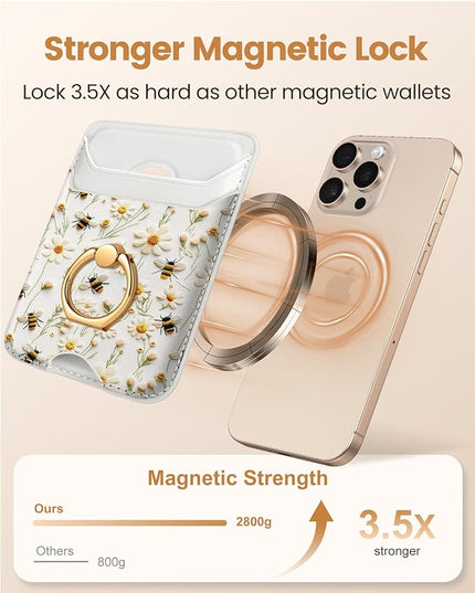 Shorogyt Compatible with Magsafe Wallet Magnetic Card Holder - Phone Wallets with Ring Grip Stand Cute Fashion for iPhone 17/16/15/14/13/12 Series for Women Girls White Bee Design, Fit 3 Cards