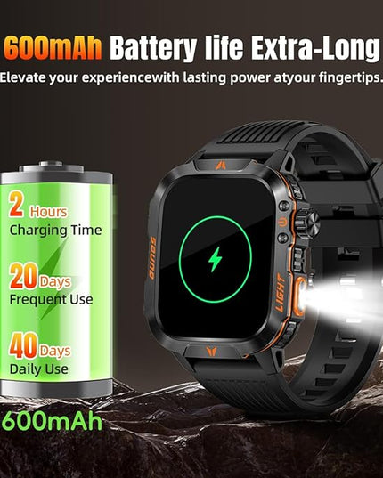 Military Smartwatch for Men, LED Flashlight Bluetooth Call IP68 Waterproof Heart Rate Blood Oxygen Sleep Tracker Fitness Pedometer Android iOS Compatible - Ideal for Hunting Hiking Extreme Sports