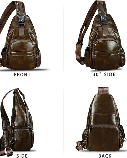 Genuine Leather Sling Bag for Men and Women Handmade Sling Backpack Purse Chest Over Shoulder Crossbody Bag Large Capacity (Coffee)