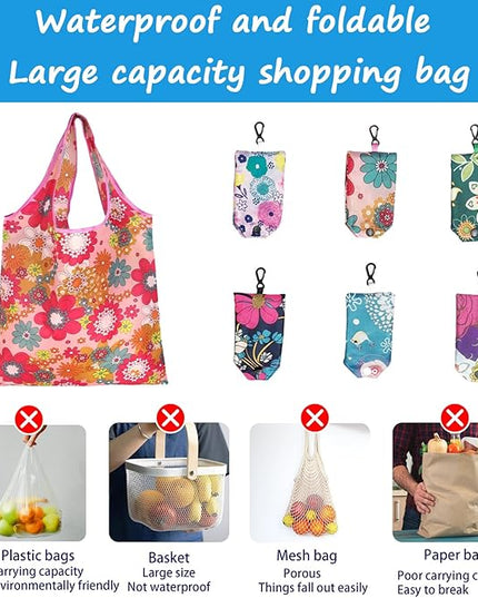 6 Pcs Reusable Shopping Bags Foldable, Machine Washable Shopping Grocery Bags in Pocket , Eco-Friendly Travel Recycle Shopping Bags, Waterproof Pouch Tote Bags for Daily Shopping Supplies load