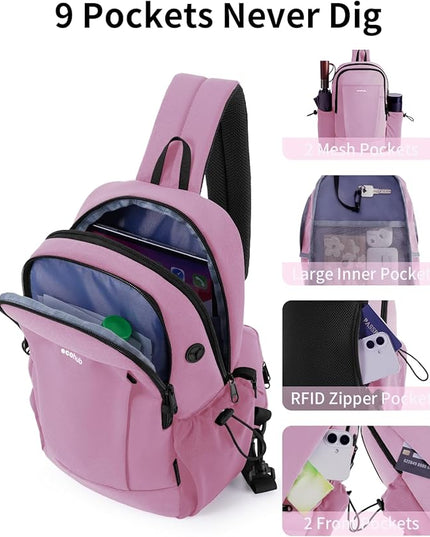 ECOHUB Anti-Theft Crossbody Bag Men Women, RFID Blocking Lightweight Sling Backpack Eco-Friendly with 9 Pockets Sturdy SBS Zippers Water Resistant for Travel Work Hiking Outdoor, Pink