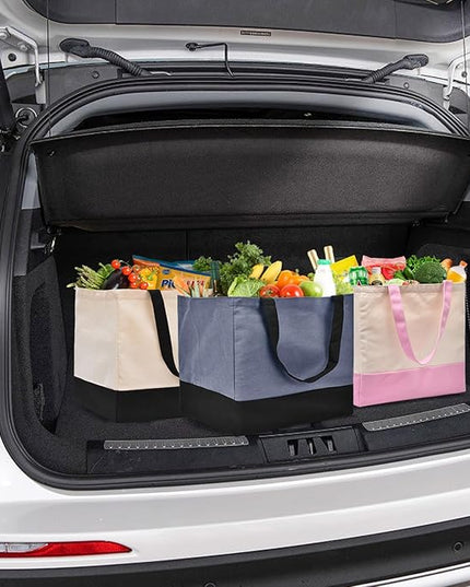 3 Pack Canvas Reusable Grocery Bags Heavy Duty（Blue + Pink + Black）, 8.3 gal Foldable Large Tote Bag with Handles, Holds 60 lbs Canvas Shopping Bags & Washable Eco-friendly Bags with 5 Pockets