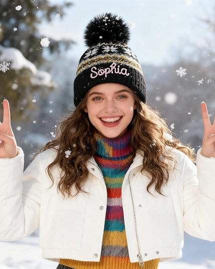 Personalized Beanie for Women Custom Knit with Name, Winter Hat with Pom Pom, Soft Lined Warm Hat, Birthday Gift