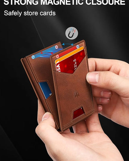 Ruiici Wallet for Men, Slim Minimalist Wallet with Money Clip＆ID Window, RFID Blocking Pop-Up Credit Card Holder, Smart Auminum Mens Wallet Holds 9-13 Cards (Gift Box) (Red Brown)
