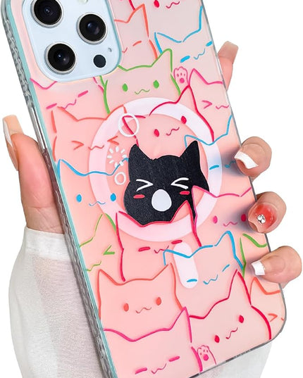 Cute Case for iPhone 12 Pro Max Case for Women Girls Boys [ Compatible with Magsafe ] Iridescent and Black Cats Cat Pattern Design, Kawaii Colorful Animal Soft Bumper Protective Phone Cover