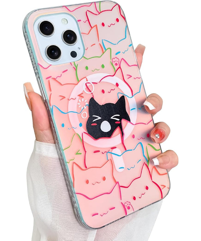 Cute Case for iPhone 12 & 12 Pro Case for Women Girls Boys [ Compatible with Magsafe ] Iridescent and Black Cats Cat Pattern Design, Kawaii Colorful Animal Soft Protective Phone Cover