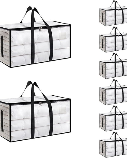 8 Pack-Extra Large Heavy Duty Moving Bags - Waterproof Storage Totes with Handles & Zippers, Foldable for College Dorm, Storage (Clear)