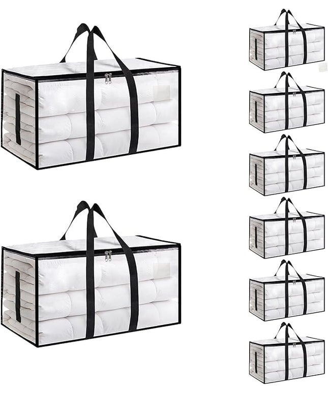 8 Pack-Extra Large Heavy Duty Moving Bags - Waterproof Storage Totes with Handles & Zippers, Foldable for College Dorm, Storage (Clear)