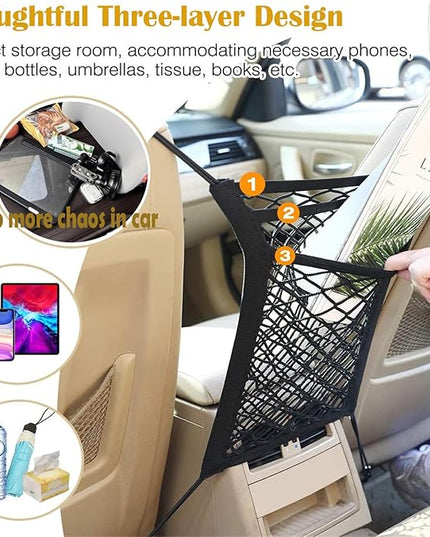 DYKESON Pet Barrier Dog Car Net Barrier with Car Mesh Organizer Baby Stretchable Storage Bag Universal for Cars, SUVs -Easy Install,Safer to Drive with Pets and Children, 3 Layer S