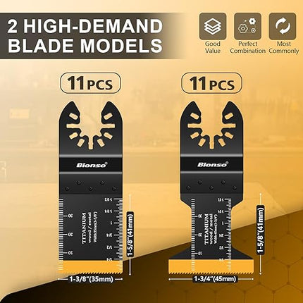 Bionso 22PCS Titanium Oscillating Tool Blade Cuts Metal and Wood, Sharp and Durable Multitool Blades, Multi Tool Blades Kits, Oscillating Saw Blades Fit Dewalt Milwaukee Ryobi Makita Worx Rockwell Wen