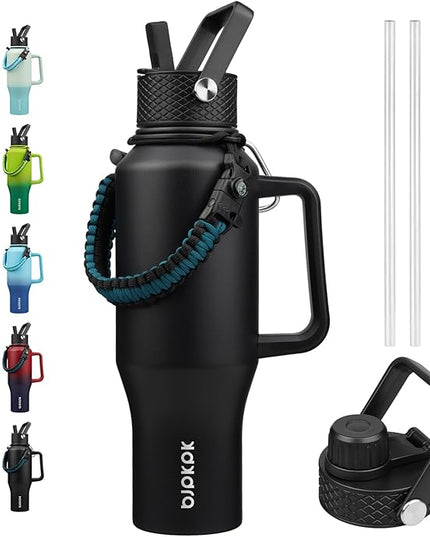 BJPKPK Insulated Water Bottles with Straw Lid, 35oz Metal Water Bottle with 2 lids & Paracord Strap, Double Wall Stainless Steel Tumbler with Handle, Reusable Cups, Mugs, Thermo, Black