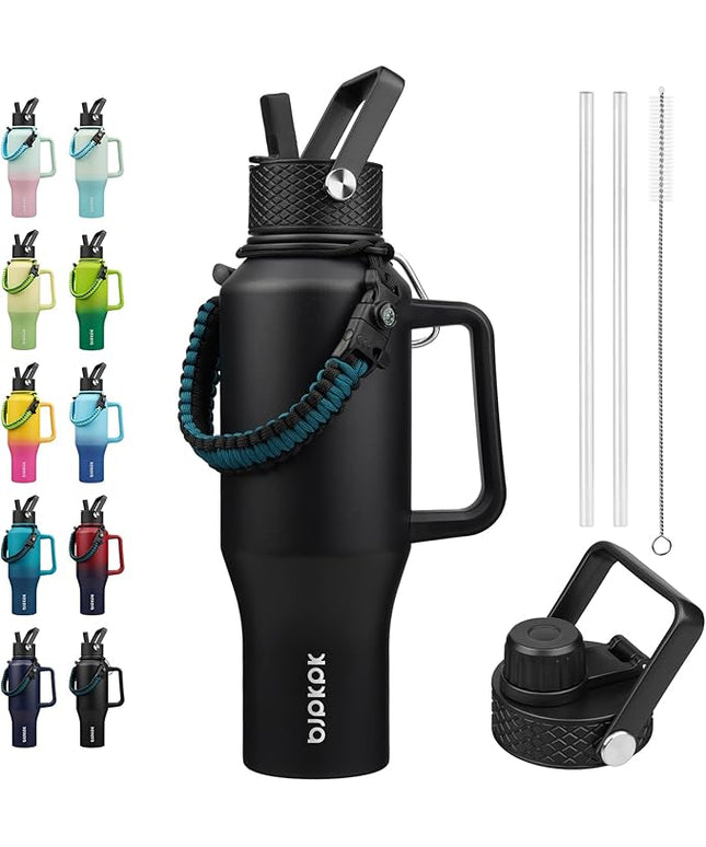 BJPKPK Insulated Water Bottles with Straw Lid, 35oz Metal Water Bottle with 2 lids & Paracord Strap, Double Wall Stainless Steel Tumbler with Handle, Reusable Cups, Mugs, Thermo, Black
