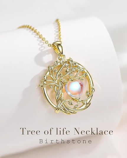 FANCIME Tree of life Birthstone necklace Sterling Silver Pendant Birthstone Necklace Gemstone Anniversary Birthday Jewelry Christmas Gifts for Mom Her Wife