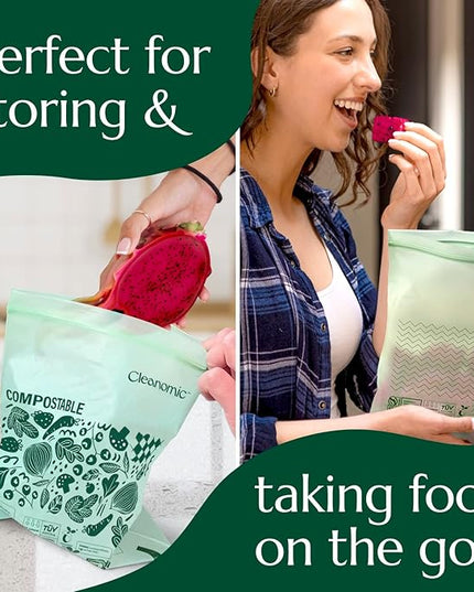 Cleanomic Compostable* Quart Size Food Storage Bags (25 Eco Zip) Freezer and Leak Proof, Also Available Gallon, Snack and Sandwich Size Bags