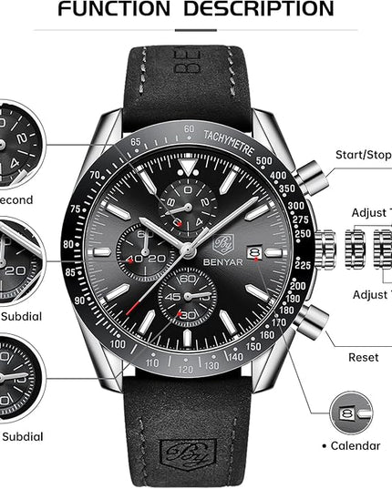 BY BENYAR Watch for Men Analog Quartz Chronograph Waterproof Luminous Designer Mens Wrist Watches Business Work Sport Casual Dress Watch with Silicone Strap Elegant Gifts for Men