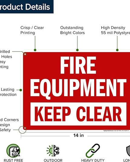 Fire Equipment Keep Clear Sign, 10x14 Inches, 55 mil thick HDPS (high density polystyrene), Made in USA by My Sign Center