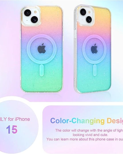 Glitter Case for iPhone 15 Case for Women Girls [ Compatible with Magsafe ] Clear Cute Girly Aesthetic Iridescent Rainbow Sparkly Bling Magnetic Phone Cover, Gradient Blue & Pink