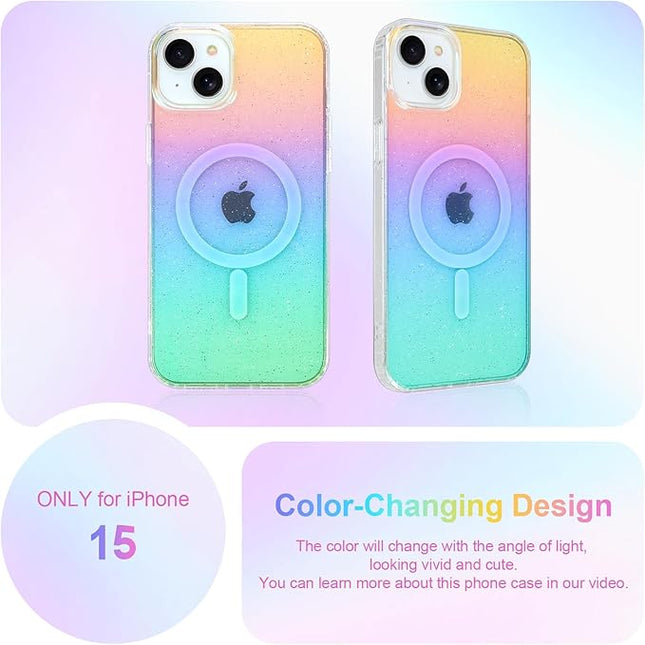 Glitter Case for iPhone 15 Case for Women Girls [ Compatible with Magsafe ] Clear Cute Girly Aesthetic Iridescent Rainbow Sparkly Bling Magnetic Phone Cover, Gradient Blue & Pink