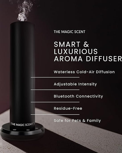 The Magic Scent Bluetooth Tower Diffuser Home & Office - Smart Ultra-Quiet for Home & Hotel - Waterless Cold-Air Programmable Professional Diffuser Machine - Essential Aroma Oil Included