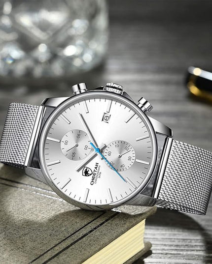 GOLDEN HOUR Mens Watch Fashion Sleek Minimalist Quartz Analog Mesh Stainless Steel Waterproof Chronograph Watches for Men with Auto Date
