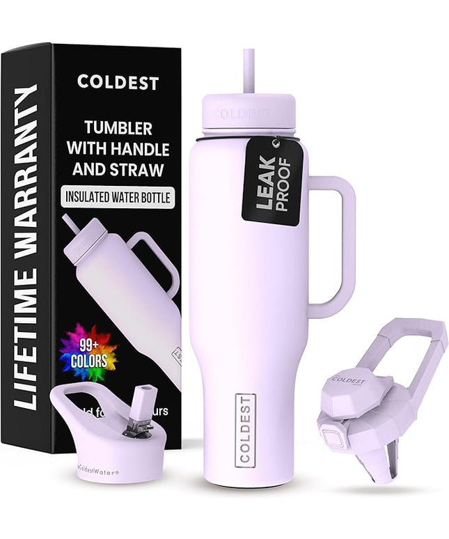 Coldest Tumbler with Handle and Straw - 100% Leak Proof Insulated Tumbler with Lid and Straw (3 Lids) - Stainless Steel Tumblers for Women & Men - Cup Holder Friendly Base, 46 oz (Lilac Blue)