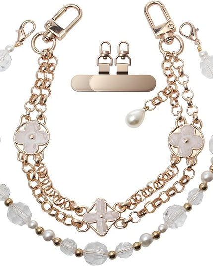 Pearl Beaded Phone Charm Wrist Strap,Cute Bracelet Wristlet Lanyard,Gold Double Chain for Phone Case,Purse Bag Wallet