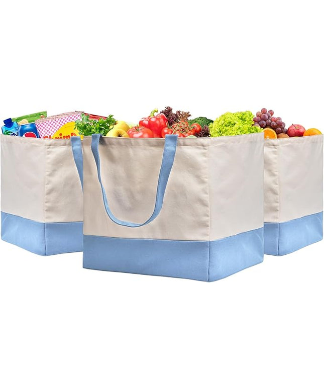 Reusable Grocery Bags Heavy Duty, 8.3 gal Foldable Large Canvas Tote Bag with Handles, Holds 60 lbs Canvas Shopping Bags, 3 Pack（Off White+Light Blue）
