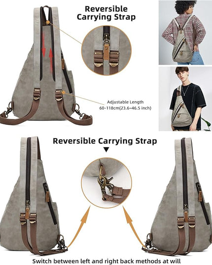 KL928 PU Leather Sling Bag - Small Crossbody Backpack Shoulder Casual Daypack Rucksack for Men Women(Leaden)