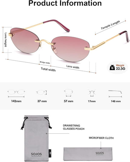 SOJOS Retro Small Oval Sunglasses Womens Trendy Rimless Sun Glasses Vintage Narrow Shades SJ1242