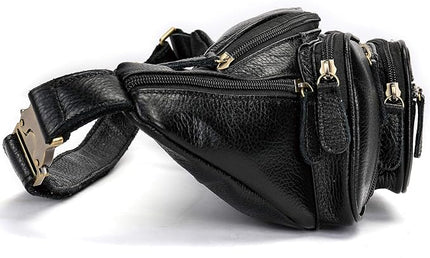 Genuine Leather Fanny Pack large capacity Crossbody Waist Bag with Zipper phone Pockets black