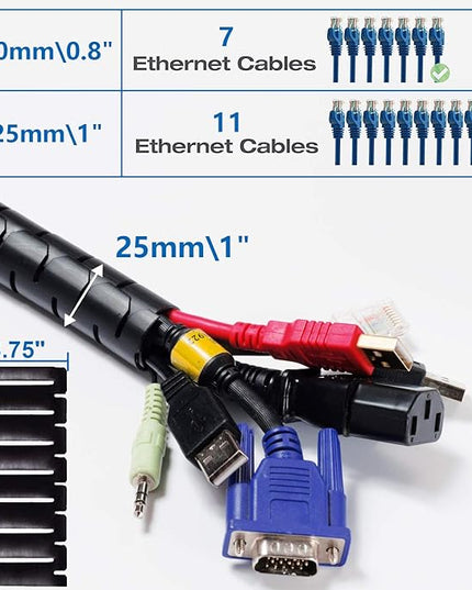10FT Cable Management Sleeve EZ Cord Bundler 1" Diameter w/Zip Clip Zipper Wire Wrap Cord Organizer Cable Tube Hider Flexible & Expandable Home & Office Wire Concealer for PC TV Computer Cinema