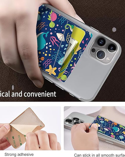 Phone Card Holder, Dual Pocket Leather Wallet Adhesive Stick On, Cute Credit Card Holder for Smartphones Case Compatible with Most Phone（Cute whale）