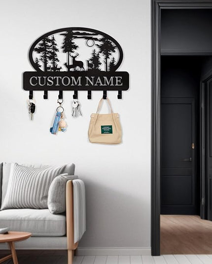 Dyoart Personalized Key Holder for Wall, Custom Metal Deer Cabin Key Hooks with Name, Metal Key Holder Hooks Organizer Rack, Key Hanger Decor for Kitchen, Entryway, Hallway, Office, Doorway