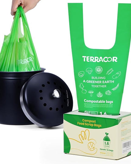 1.6 Gallon Compostable Food Scrap Bags Handle Tie for Kitchen Countertop Bin, 6 Liter Small Compost Bags, 50 Count, BPI Certified and Meet The ASTM D6400 Standard