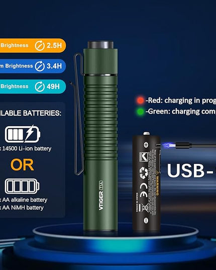 VTIGER T1A Mini Pocket EDC Flashlight with Clip,1300 Lumen Compact AA Rechargeable LED Little Flashlights, Super Bright Tail Switch Small Flash Light with Magnet for Camping,Hiking,Outdoor,Emergency