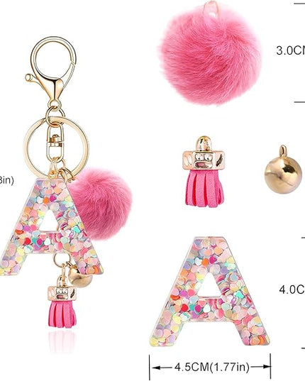 Resin Alphabet Initial Letter Keychain Keyring for Women Purse Handbags With Fur Ball Pom