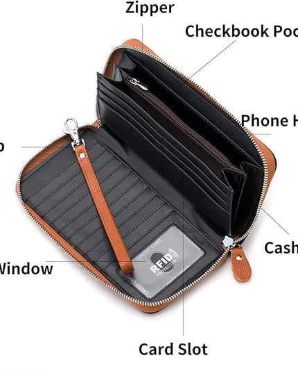 Moflycom Womens Wallet RFID Blocking Genuine Leather Multi Credit Card Large Capacity Zip Around Clutch Travel Purse Wristlet