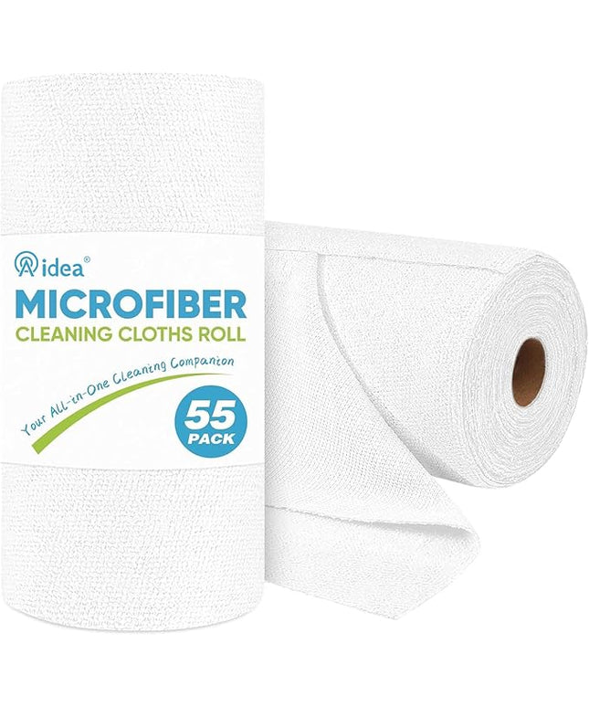 AIDEA Microfiber Cleaning Cloth Roll, White Shop Towels 55 Sheets Washable, Microfiber Towels for Cars, White Rags Reusable Paper Towel for Automotive, Workshop, House, Kitchen, Cleaning Supplies11×9"