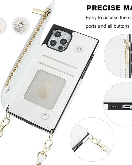 Bocasal Crossbody Wallet Case for iPhone 12/12 Pro with Card Holder,Zipper Card Slot Protector Shockproof Purse Cover with Removable Cross Body Strap 6.1 Inch (White)