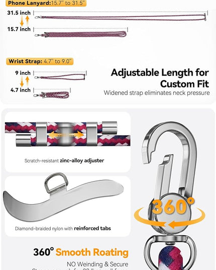 4-IN-1 Phone Lanyard + Wrist Strap, 2PCS Adjustable Length Cell Phone Lanyard with 2 Tether Tabs for iPhone,Smartphones