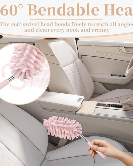 2 PCS Car Interior Duster with Extension Pole, Microfiber Car Duster with Bendable Head, Cars Dusters Exterior&Interior Scratch Free, for Cleaning of Vehicle Details, Offices, Windows(Pink)