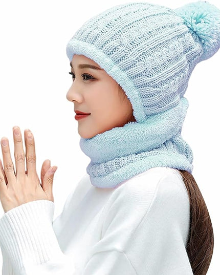 HUAMULAN Women Winter Beanie Hats One Piece Fleece Lined Knit Balaclavas Mask Set Skull Neck Circle Scarf Ski Snow Hat Pompom