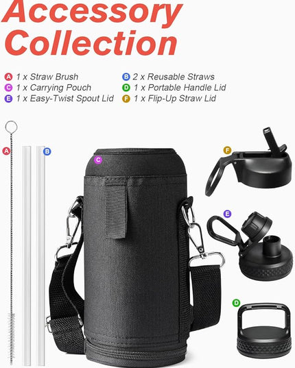 Water Bottle 32 oz Insulated with Straw, Coolflask Stainless Steel Metal 3 Lids Water Flask Wide Mouth for Sports or Office, Non-BPA Keep Cold Up to 48 Hrs or Hot Up to 24 Hrs, Magic Black