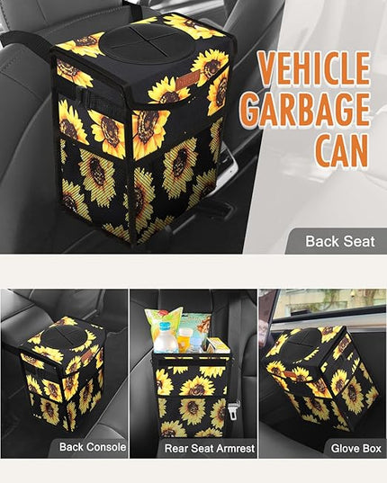 Car Trash Can with Lid, Cute Leakproof Car Trash Garbage Bag Hanging Vehicle Trash Bin Small Portable Automotive Garbage Cans Organizer for Back/Front Seat(Trapezoid,Black Sunflower