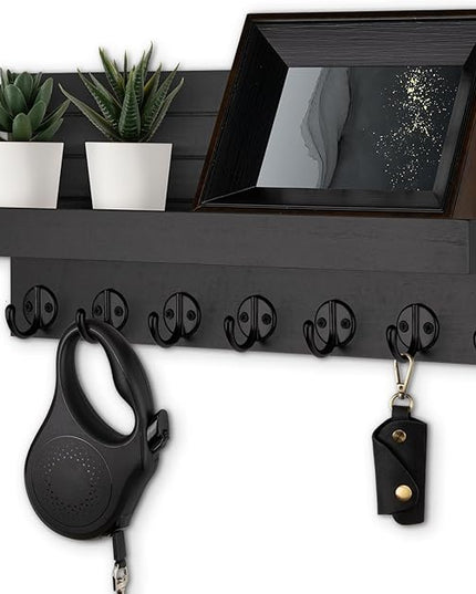 Lwenki Key Holder Wall Mount, Entryway Key and Mail Holder with 7 Sturdy Hooks for Sunglasses, Dog Leash, Decorative Wall Shelf with Mounting Hardware, 15”W x 6.7”H x 4.2”D