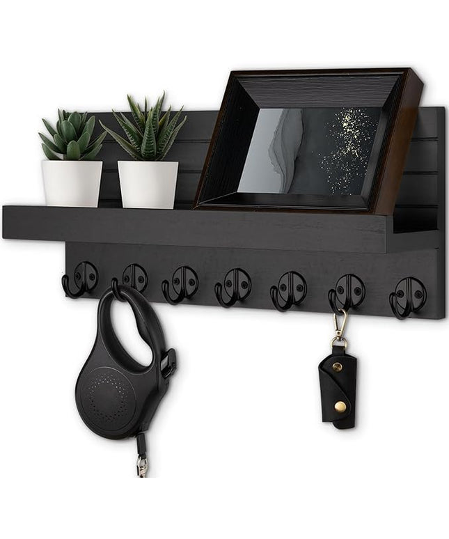Lwenki Key Holder Wall Mount, Entryway Key and Mail Holder with 7 Sturdy Hooks for Sunglasses, Dog Leash, Decorative Wall Shelf with Mounting Hardware, 15”W x 6.7”H x 4.2”D